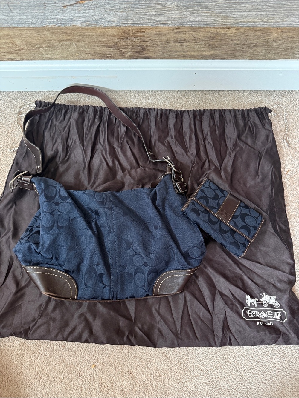 Coach Navy Signature Canvas Shoulder Bag with Wallet